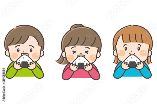 おにぎりを食べる3人のかわいい子ども達