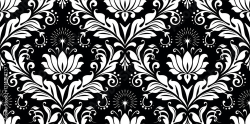 Wallpaper in the style of Baroque. Seamless vector background. White and black floral ornament. Graphic pattern for fabric, wallpaper, packaging. Ornate Damask flower ornament.