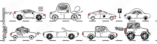 a car, a set of flat icons. urban car types isolated on a white background. Taxi, police, convertible, pickup truck. Bus, SUV. for print, postcard, banner, childrens clothing. art vector illustration.