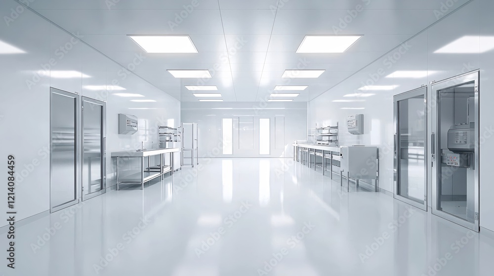 Fototapeta premium Clean white laboratory with stainless steel tables and doors in a bright modern space