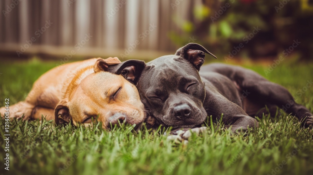 Cute Dogs Sleeping Together in a Grass Field Cute Dogs Sleeping Together in a Grass Field