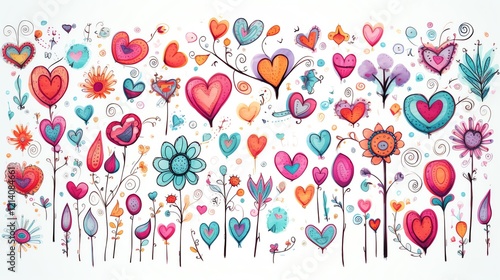 Colorful hearts and flowers illustration.