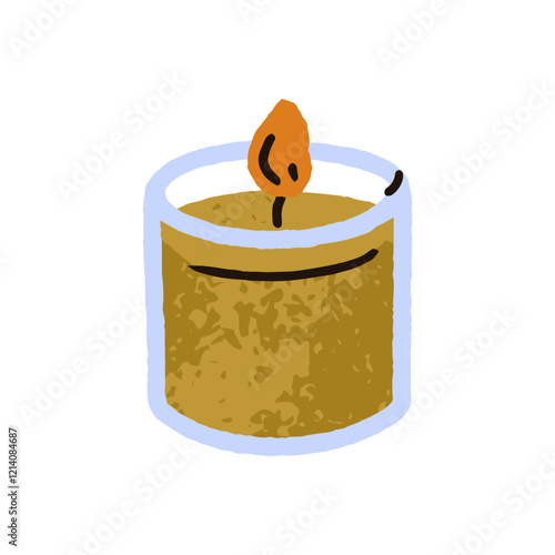 Candle in glass cup, holder with warm glowing flame. Cozy light decoration. F...
