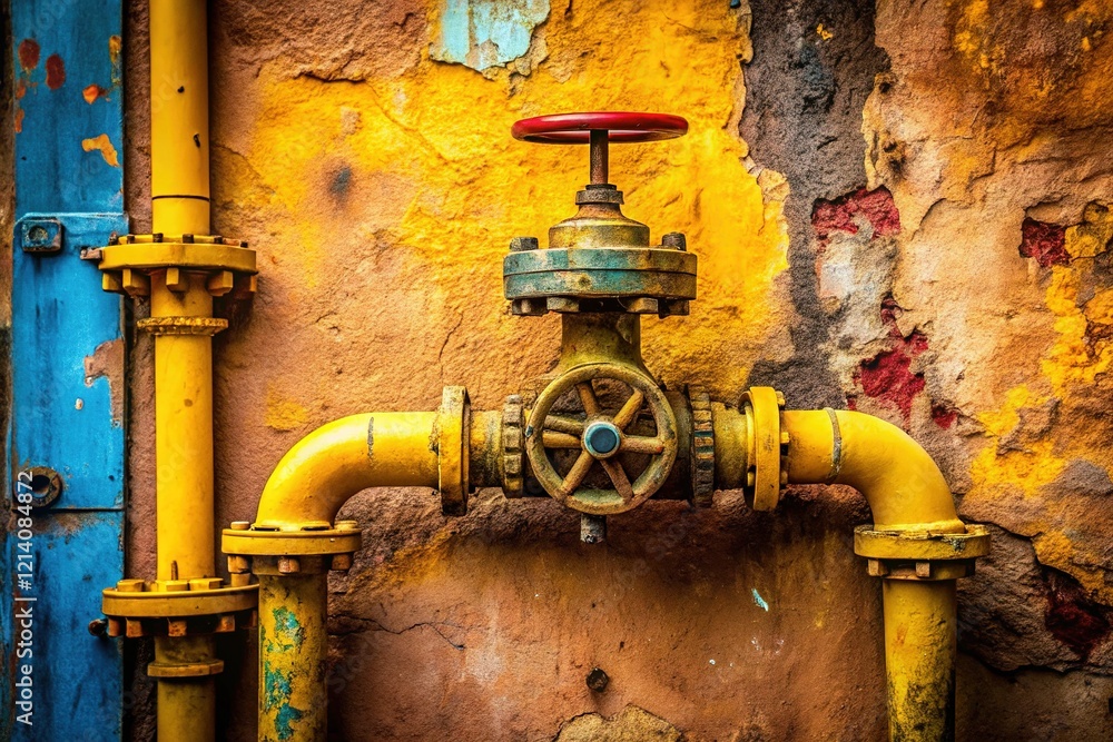 Antique Yellow Gas Pipe on Shabby Wall - Industrial Retro Antique Yellow Gas Pipe on Shabby Wall - Industrial Retro