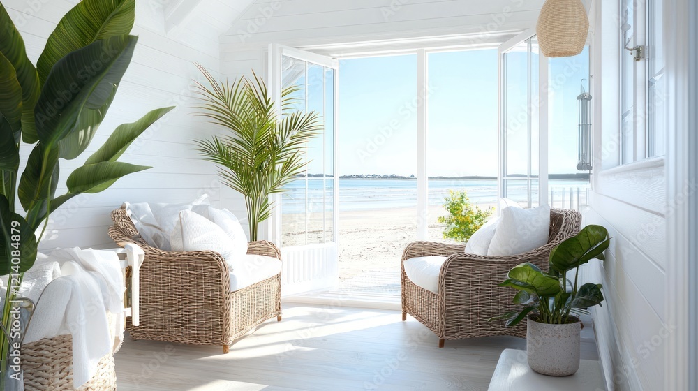 Fototapeta premium Bright Beach House Interior with Ocean View