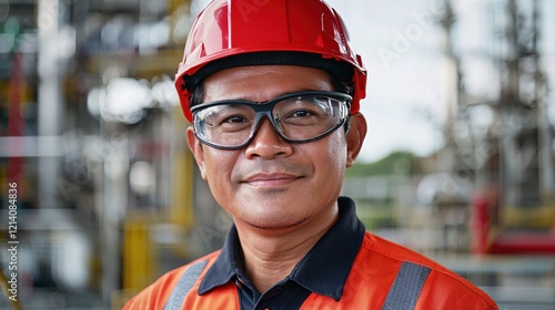 Man wearing red hard hat and safety glasses at industrial site with blurred background