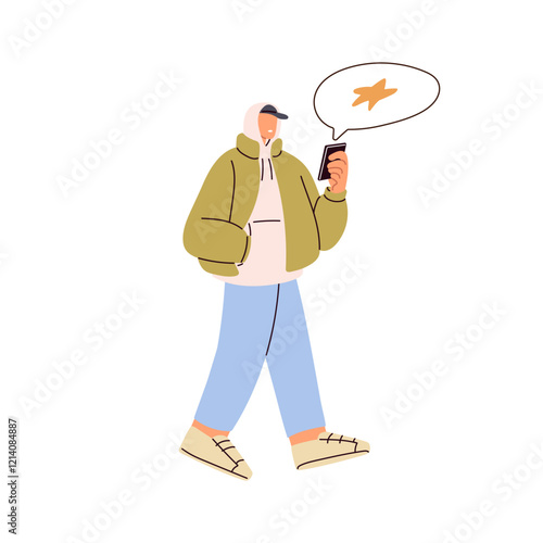 Man walking and using smartphone. Male character holding mobile phone, cellphone in hand, reading message, chatting online in internet on the go. Flat vector illustration isolated on white background