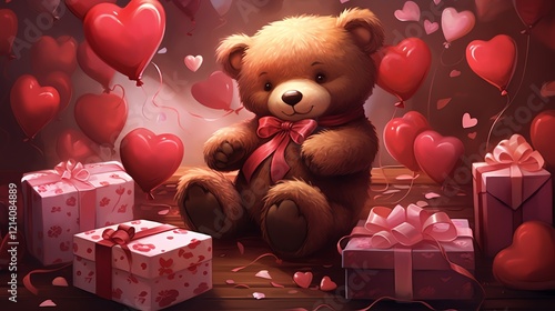 Cute teddy bear surrounded by hearts and gifts.