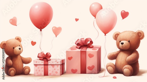 Cute bears with gifts and balloons for celebrations.