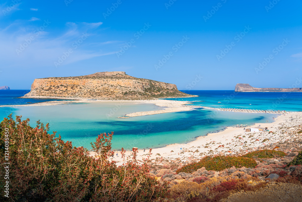 Landscape with Balos Lagoon beach and Gramvousa island, Crete island, Greece