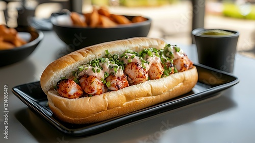 Grilled seafood roll, restaurant table, side dish, sunny background; food blog photo