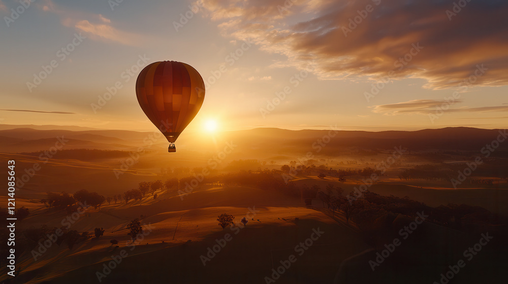 Obraz premium hot air balloon floats gracefully over serene landscape at sunset, creating breathtaking view