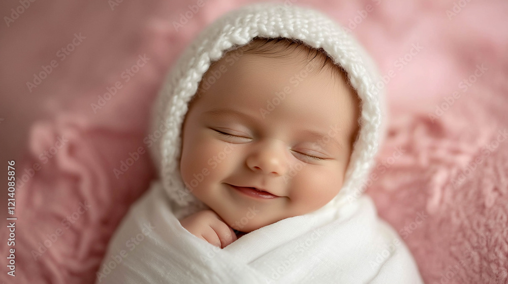 A sleeping newborn baby lies on a soft pink blanket wrapped in a white blanket. He wears a white knitted hood on his head. A sleeping newborn baby lies on a soft pink blanket wrapped in a white blanket. He wears a white knitted hood on his head.