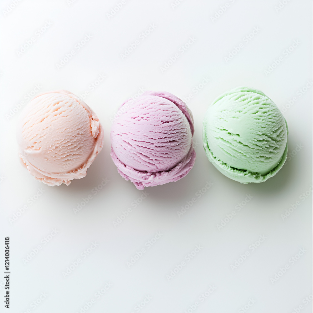 Three scoops of pastel-colored ice cream in a row. Peach, purple, and mint flavors. Three scoops of pastel-colored ice cream in a row. Peach, purple, and mint flavors.