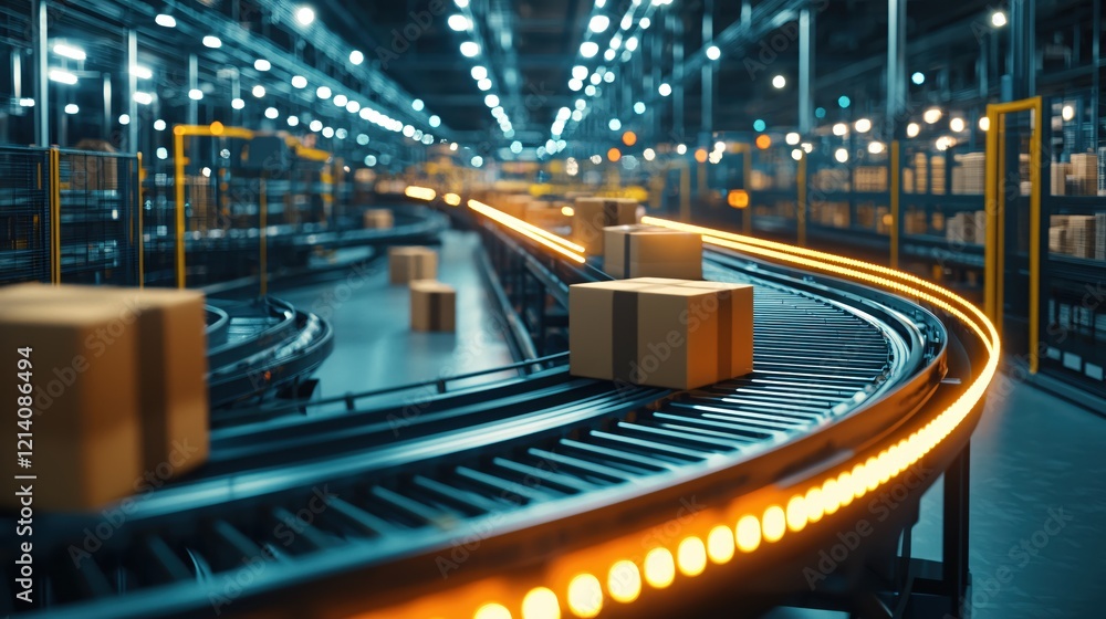 Automated conveyor belt carrying cardboard boxes in a modern warehouse with bright lights Automated conveyor belt carrying cardboard boxes in a modern warehouse with bright lights