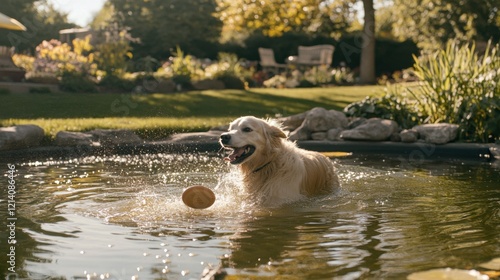 Dog Retrieves Frisbee from Pond in Bright Daylight photo