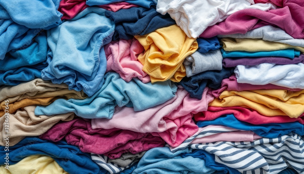 A colorful pile of neatly folded clothing in various shades of blues, yellows, pinks, and whites A colorful pile of neatly folded clothing in various shades of blues, yellows, pinks, and whites