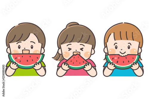 スイカを食べる3人のかわいい子供たち