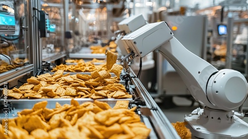 Robotic arm handling food on conveyor belt in automated production line industrial setting