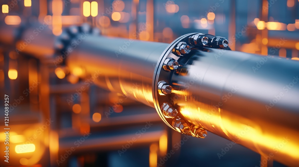 Naklejka premium Industrial pipeline with bolted flange and warm light in a blurred factory background