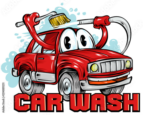 Red car wash cartoon. vector illustration