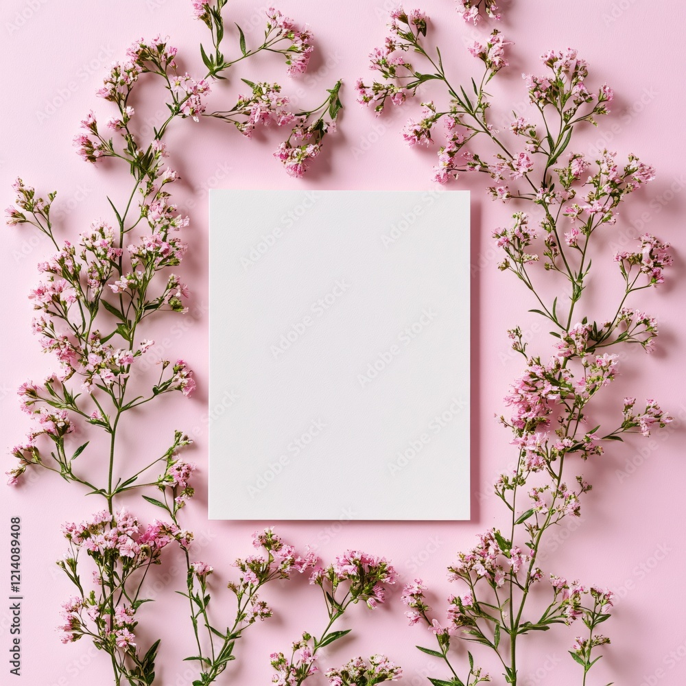Pink Flowers Frame White Blank Card Spring Pastel Background Pink Flowers Frame White Blank Card Spring Pastel Background