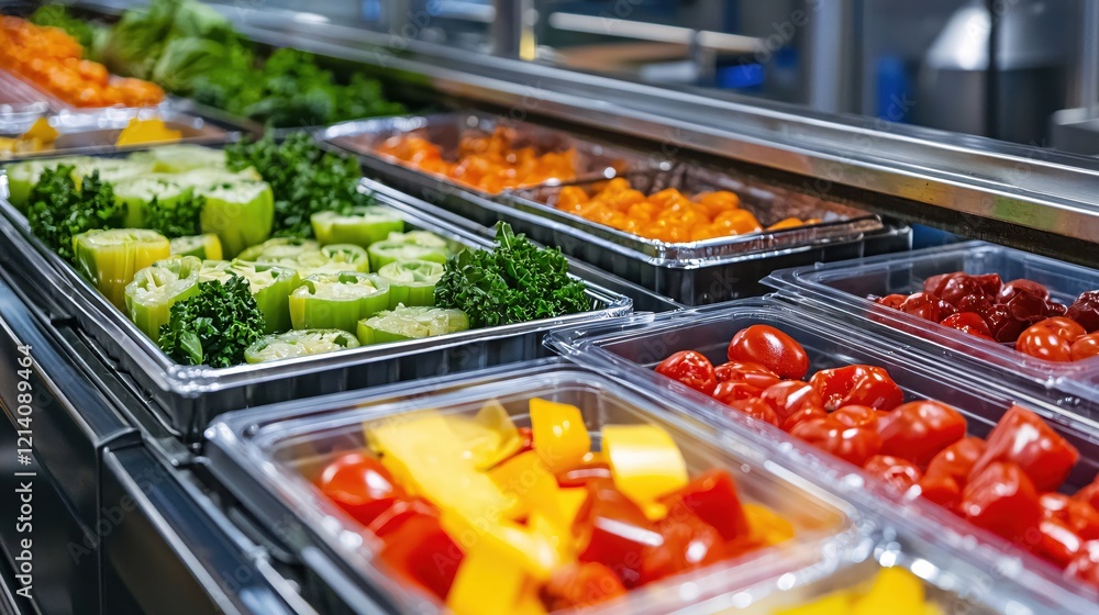 Fresh colorful vegetables in trays at a salad bar ready for serving healthy food options Fresh colorful vegetables in trays at a salad bar ready for serving healthy food options