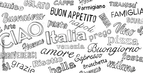 typographic lettering with typical original Italian words in doodle style. banner background set icon. vector illustration