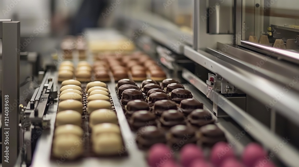 Confectionery production line with rows of chocolate and vanilla marshmallow treats on conveyor belt Confectionery production line with rows of chocolate and vanilla marshmallow treats on conveyor belt