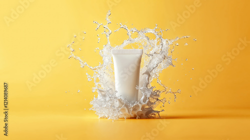 un tube de crème avec un splash de crème blanche en arrière-plan - fond jaune photo