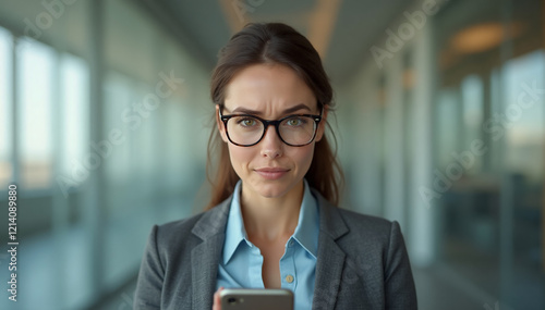 A professional businesswoman in her mid 30s holds a smartphone in her hand, her posture conveying disappointment and frustration as she stares directly into the camera