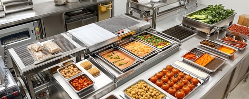 Professional kitchen with stainless steel surfaces and various food items ready for service