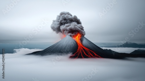 volcano erupting with lava and smoke photo