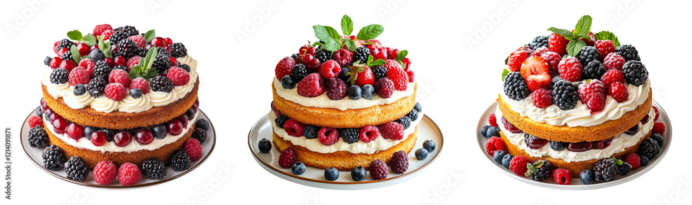 Three layered cakes topped with fresh berries on a transparent background Three layered cakes topped with fresh berries on a transparent background