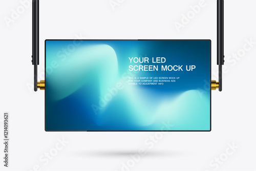 The Hanging LED Screen Mockup with gradient blue screen. A hanging technology LED Screen Mockup in 3Ds. editable LED vector Illuminated TV lightbox