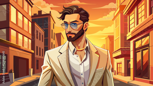 Handsome confident stylish hipster lambersexual model.Sexy modern man dressed in elegant beige suit. Fashion male posing in the street in city at sunset. In sunglasses. Near