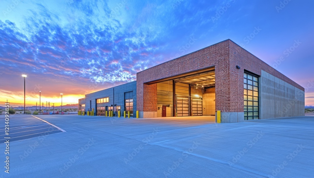 Obraz premium Modern warehouse exterior with large steel doors and a blue sky at sunset. Aamir1022 --ar 53:30 --v 6.1 Job ID: 0f8bd8ea-35a9-445e-9e73-d24a887cb5db