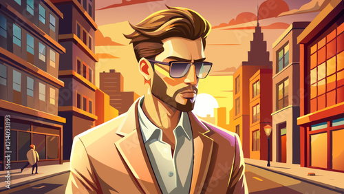 Handsome confident stylish hipster lambersexual model.Sexy modern man dressed in elegant beige suit. Fashion male posing in the street in city at sunset. In sunglasses. Near