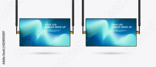 Set of Two Hanging LED Screens Mockup with gradient blue screen. A hanging technology LED Screen Mockup in 3Ds. two editable LEDs vector Illuminated TV.