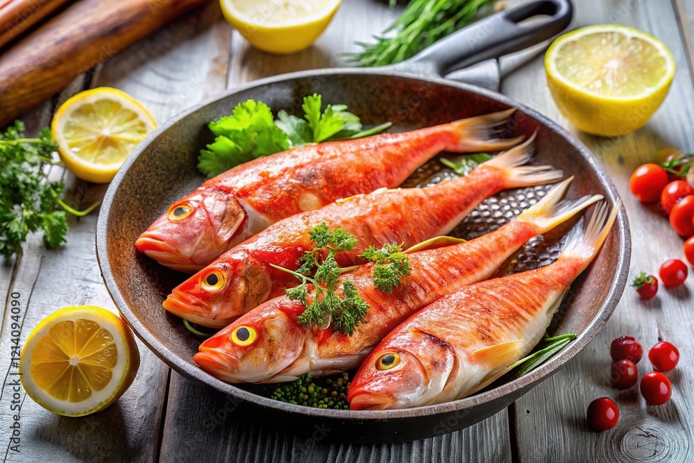 Fresh Red Mullet in Pan - Delicious Seafood Dish Fresh Red Mullet in Pan - Delicious Seafood Dish