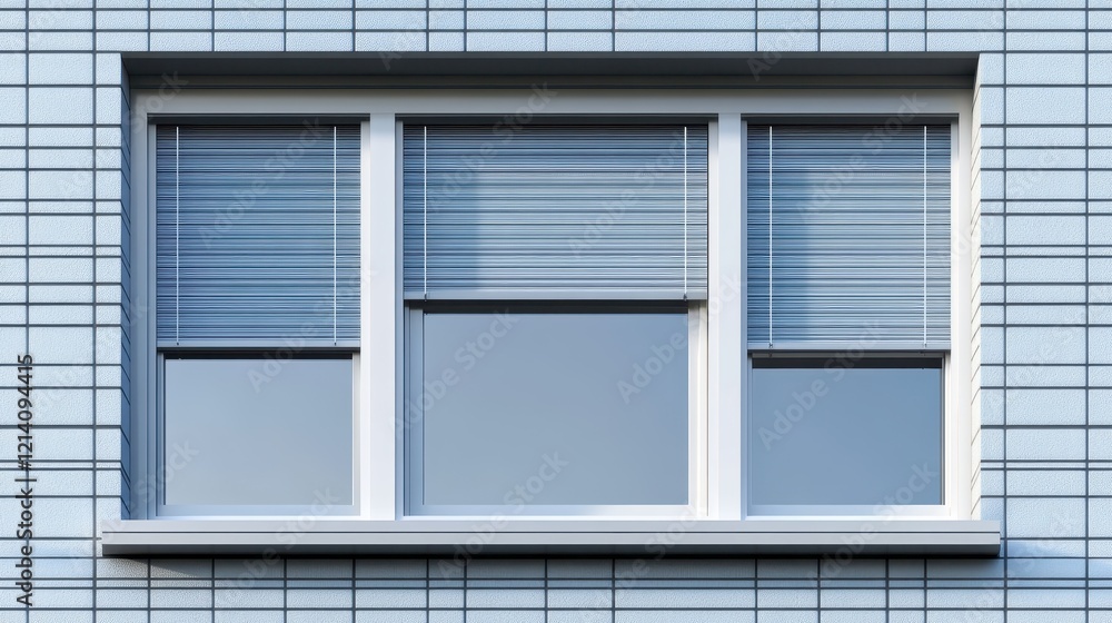 Modern three-pane window with Venetian blinds set in a light blue brick wall.