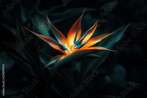 A crane flower, also referred to as bird of paradise, isigude, Strelitzia reginae, or Strelitzie, stands out against a black background. photo