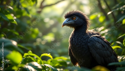 Black Curassow Bird in Lush Rainforest Sunlight photo