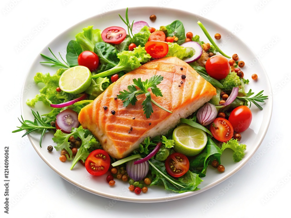 Grilled Salmon and Salad - Top View, Fresh, Healthy Dish Grilled Salmon and Salad - Top View, Fresh, Healthy Dish