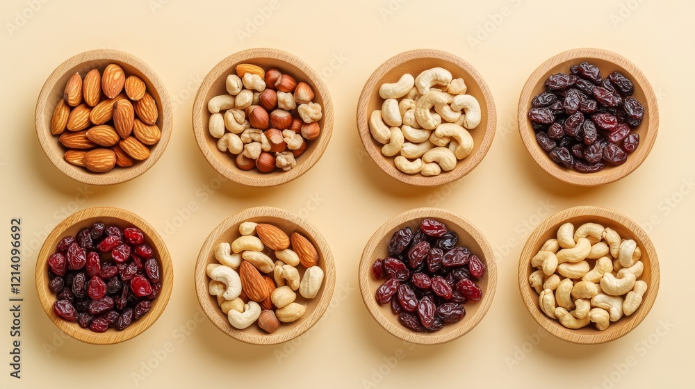 multiple cashew kernels, almond kernels, walnut kernels, dried cranberries, and hazelnut kernels, neatly arranged in wooden saucers along with raisins on a light yellow tabletop. food photography multiple cashew kernels, almond kernels, walnut kernels, dried cranberries, and hazelnut kernels, neatly arranged in wooden saucers along with raisins on a light yellow tabletop. food photography