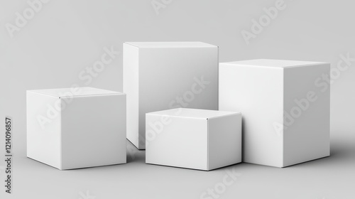 Minimalist composition of three blank white boxes on a gray background, ideal for product packaging or design mockups.