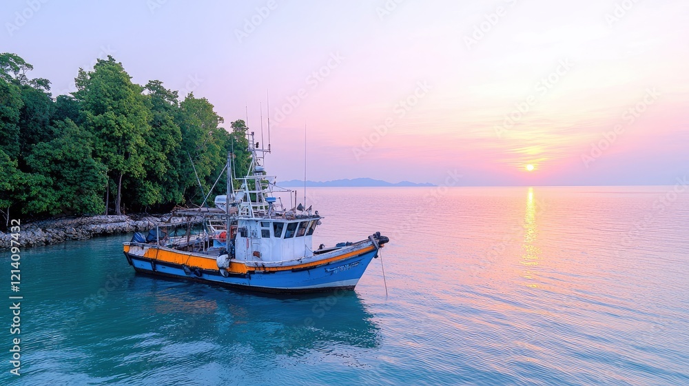 Sunrise over calm sea, fishing boat moored near island shore Sunrise over calm sea, fishing boat moored near island shore