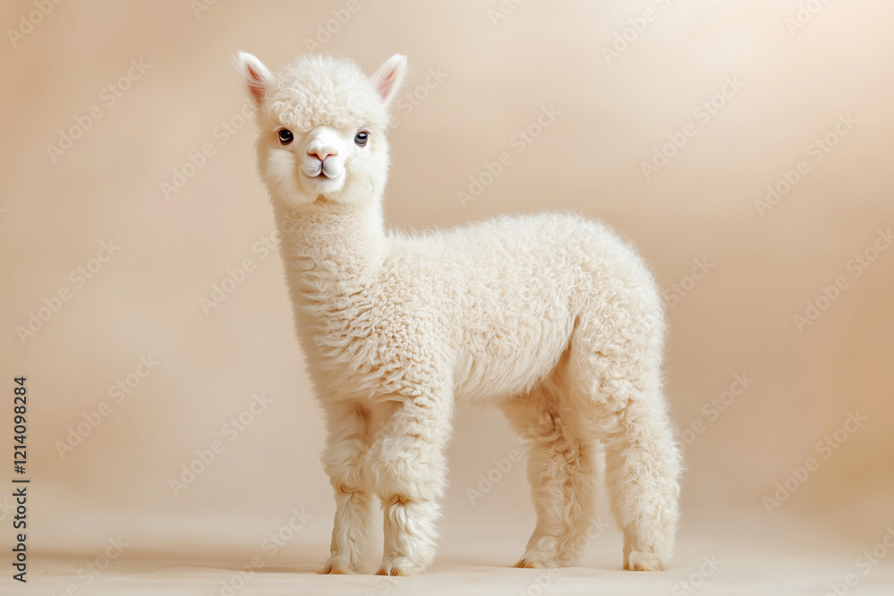 Obraz premium Fluffy white alpaca standing gracefully against soft background, exuding charm and innocence