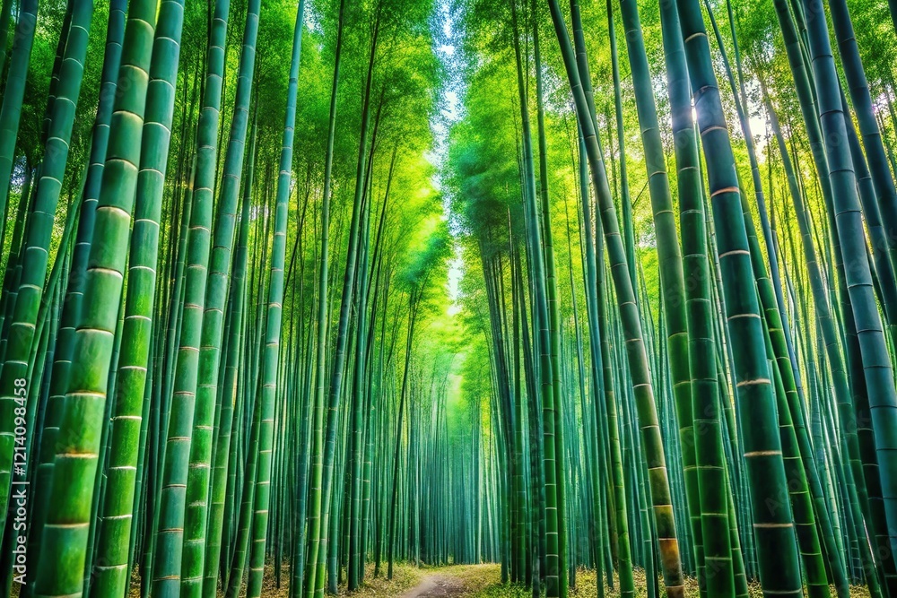 Fototapeta premium Lush bamboo, a stockade, frames a tranquil landscape.