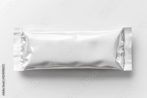 White blank foil packaging bag mockup, front view, isolated on transparent background